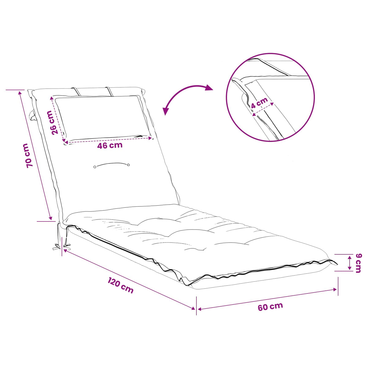 vidaXL Sunlounger Cushion GEMERT 100% Polyester Cream 190 x 60 x 9 cm