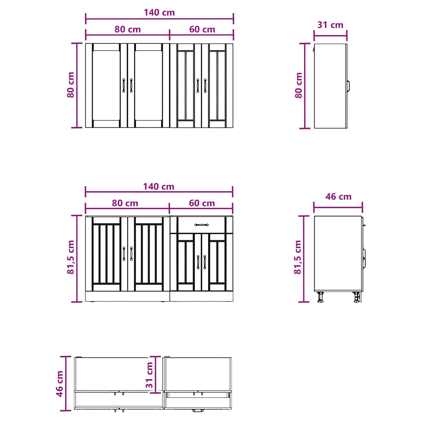 vidaXL Kitchen Unit LUCCA 4 pcs Black Engineered Wood