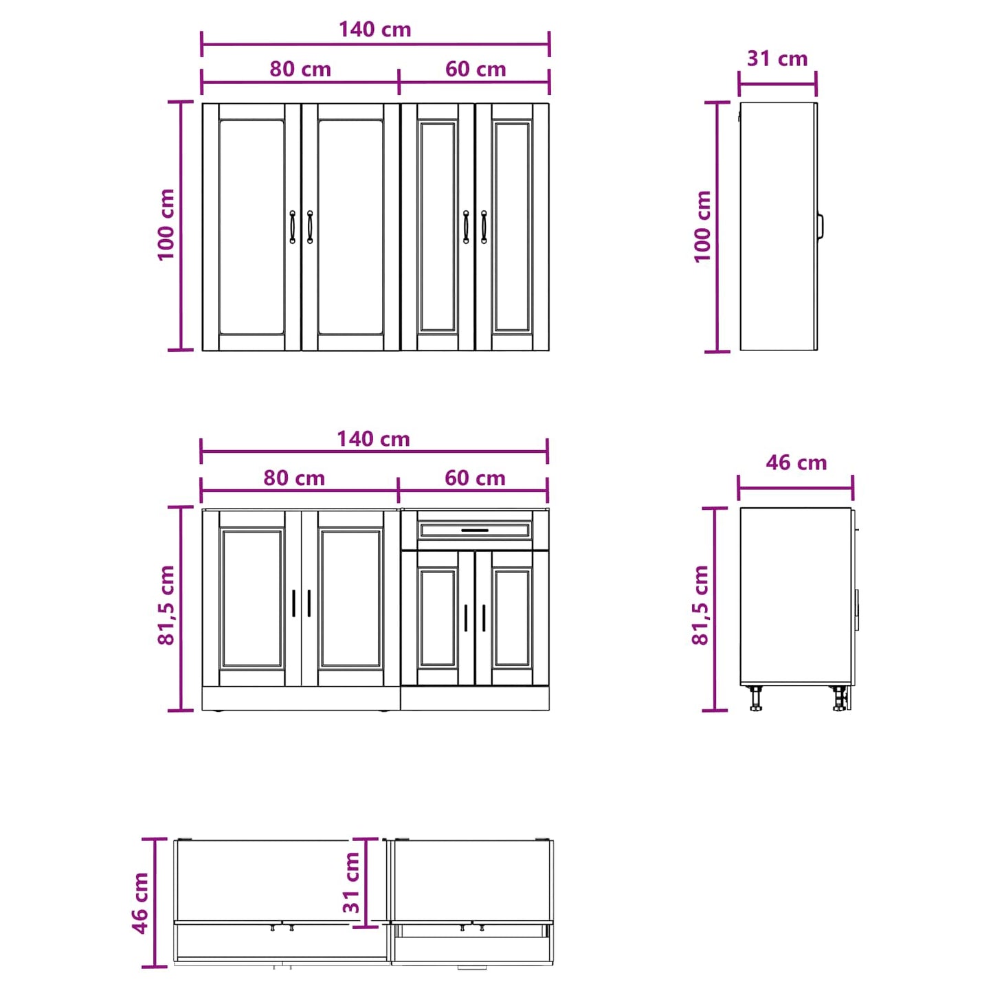 vidaXL Kitchen Unit PORTO 4 pcs Black Engineered Wood