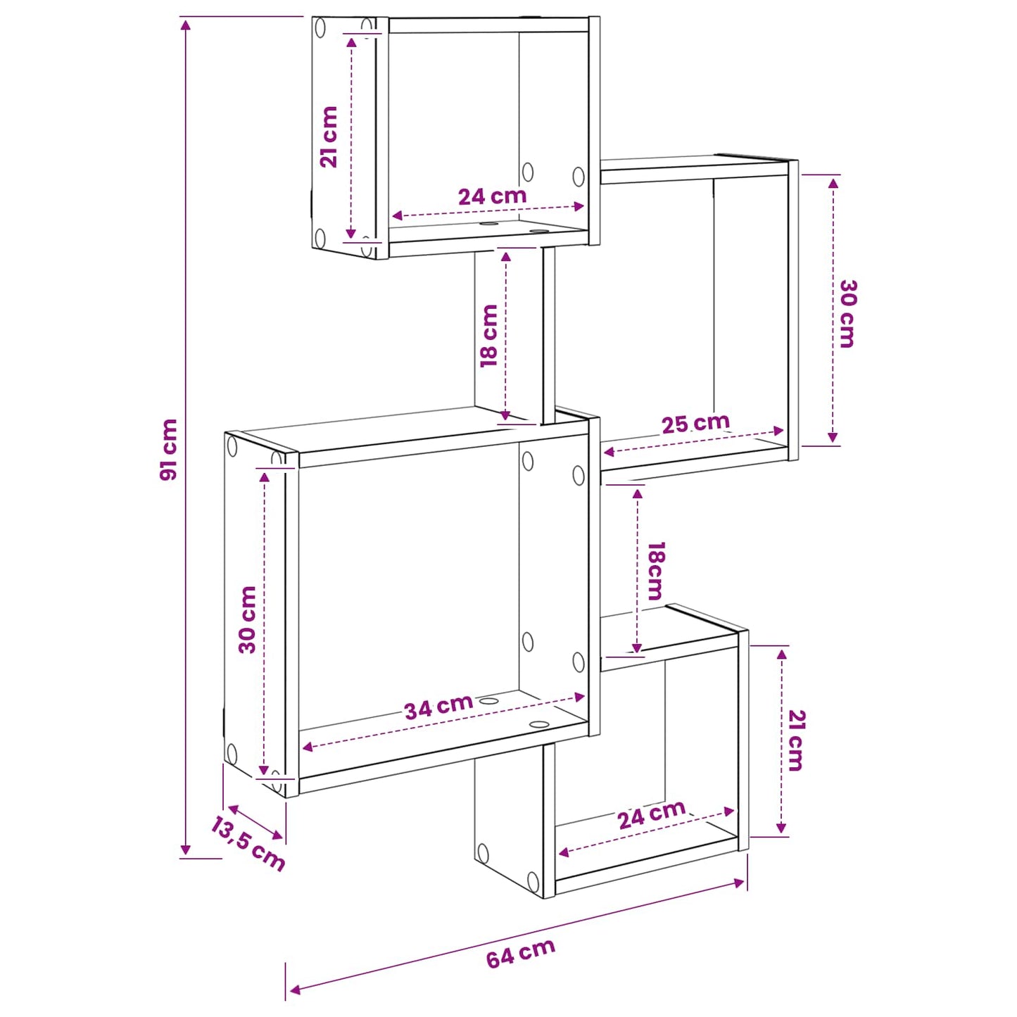 vidaXL Wall Cube Shelves Wall-Mounted Grey 64 x 13.5 x 91.5 cm