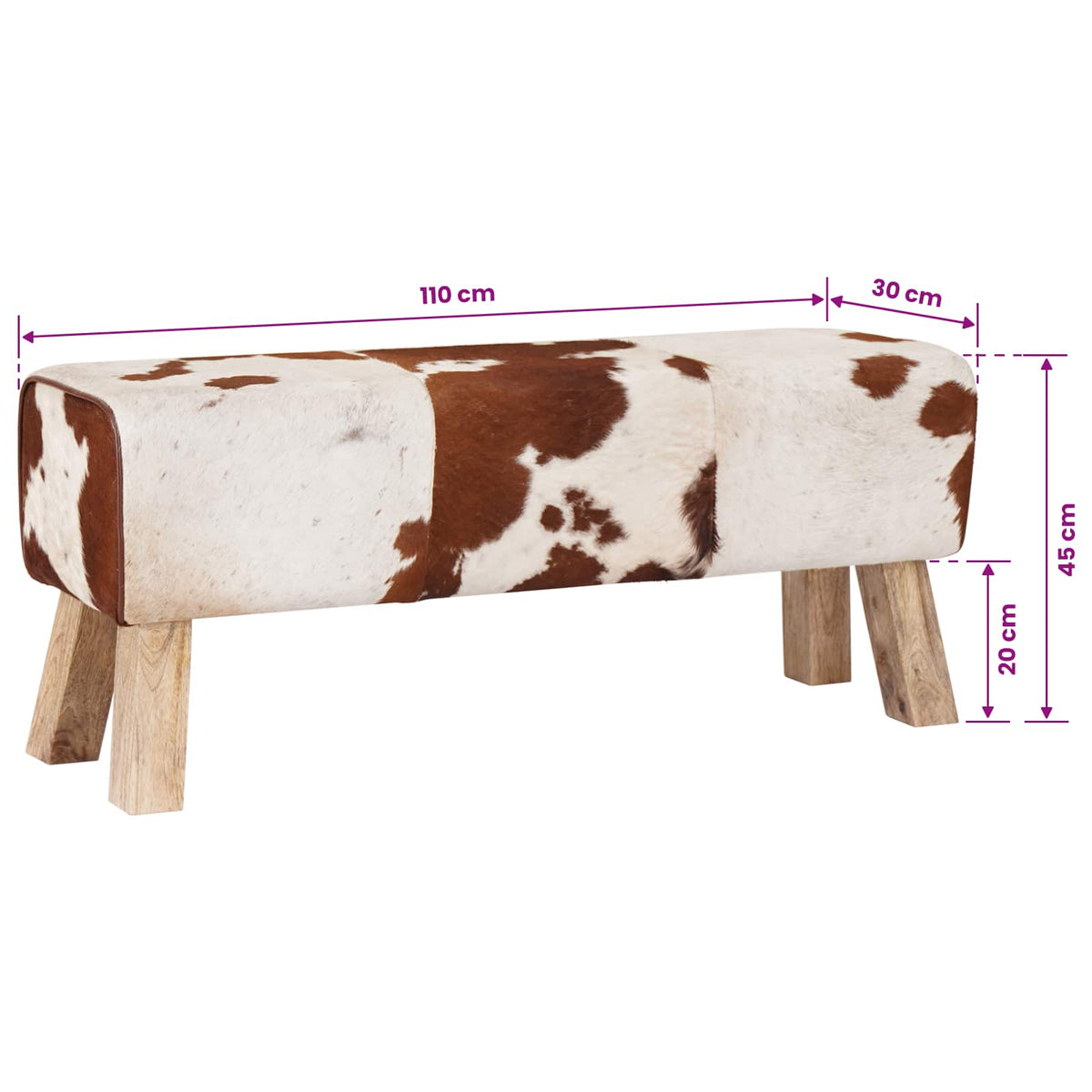 vidaXL Bench 110 x 30 x 45 cm Real Leather Brown and White
