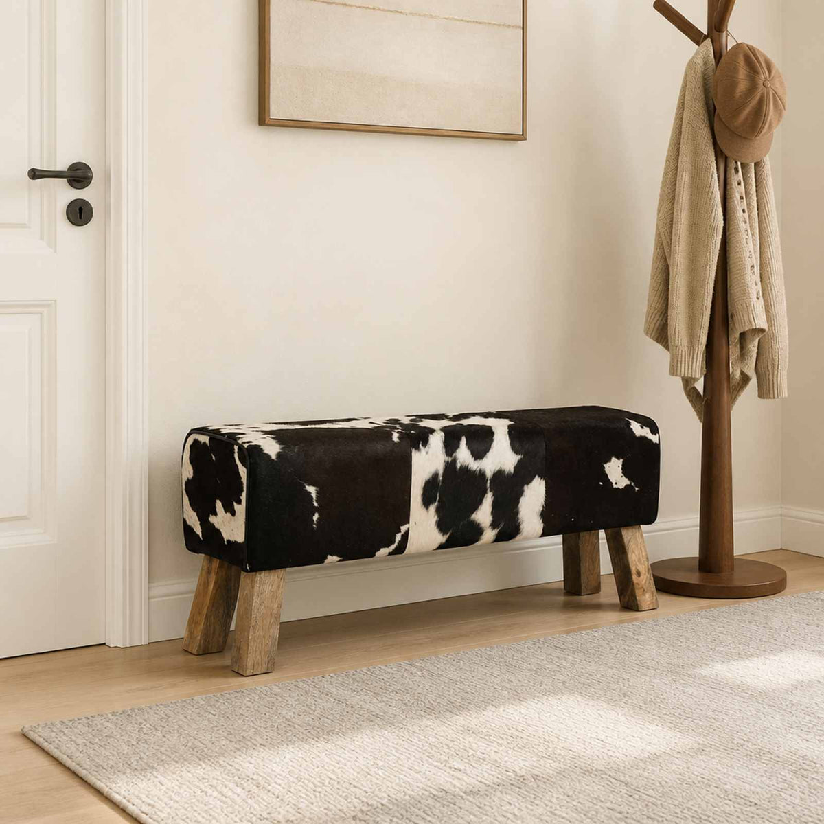 vidaXL Bench 110 x 30 x 45 cm Real Leather Black and White