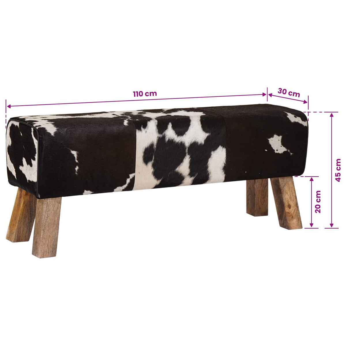 vidaXL Bench 110 x 30 x 45 cm Real Leather Black and White
