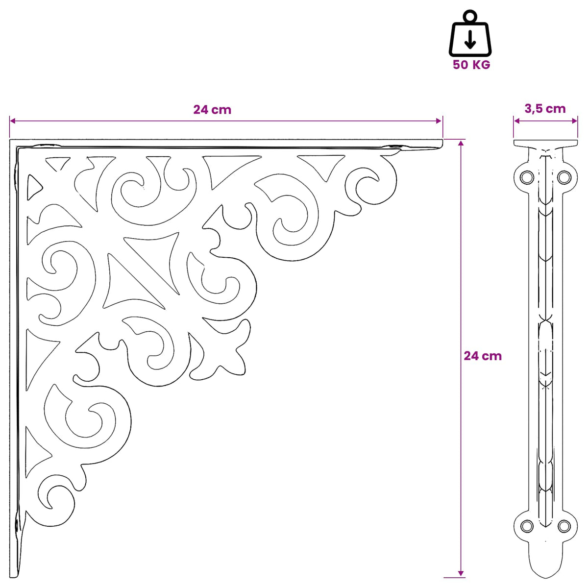 vidaXL Wall Shelf Brackets 2 pcs Antique White 24 x 24 x 3.5 cm Steel