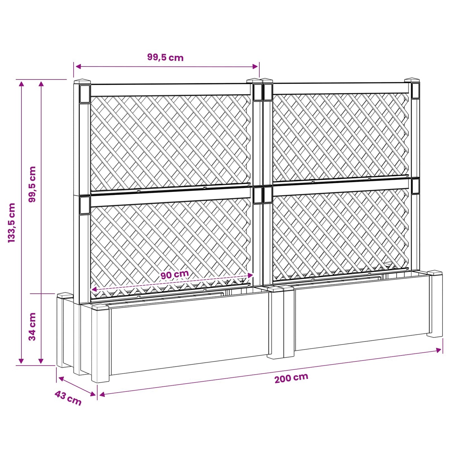 vidaXL Big Planter with Trellis 2 pcs Grey 200 x 43 x 133.5 cm PP