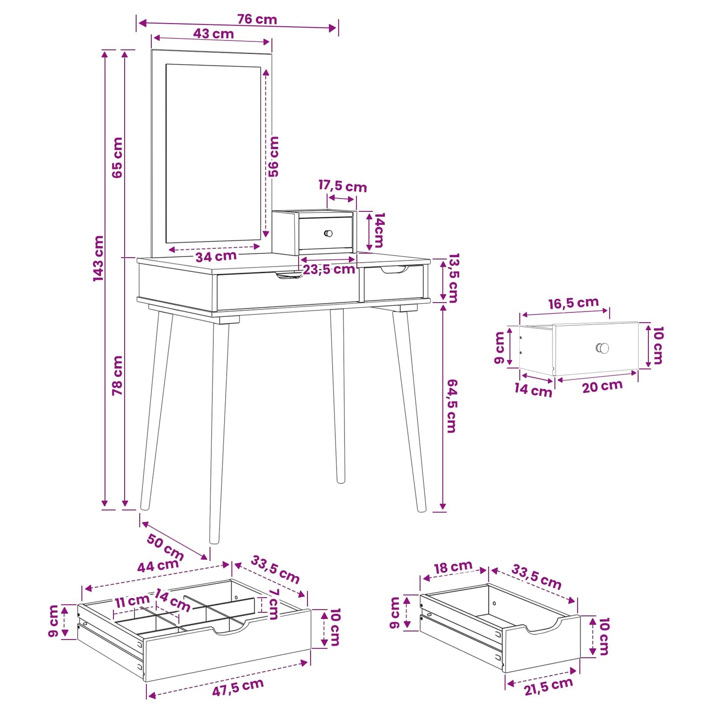 vidaXL Dressing Table Set FAUSKE 3 pcs White 76 x 50 x 143 cm