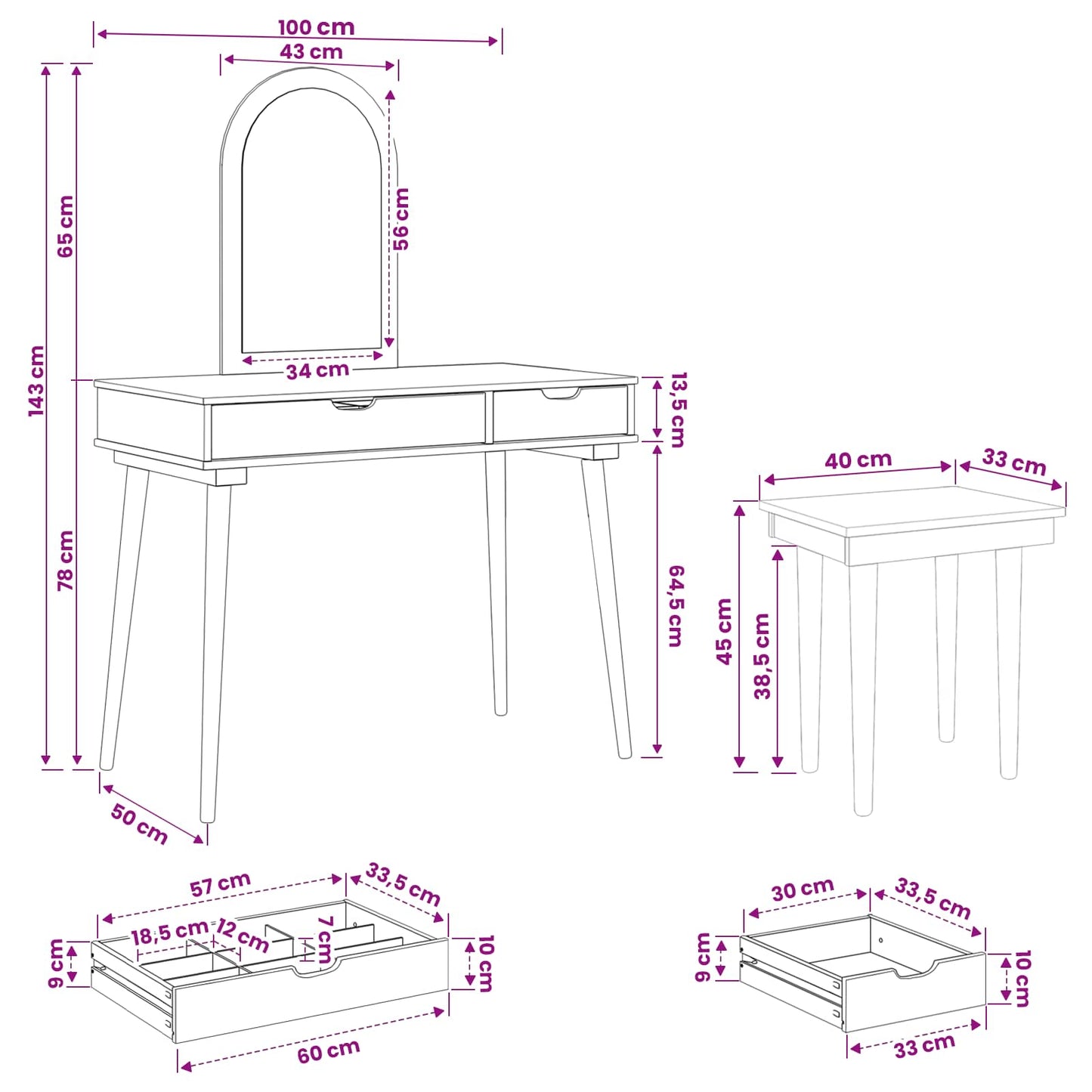 vidaXL Dressing Table Set FAUSKE 3 pcs White 100 x 50 x 143 cm