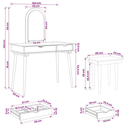 vidaXL Dressing Table Set FAUSKE 3 pcs White 100 x 50 x 143 cm