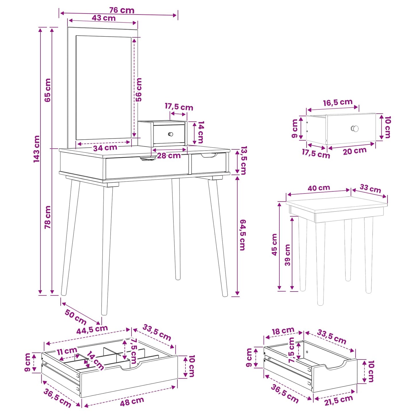 vidaXL Dressing Table Set FAUSKE 4 pcs White 76 x 50 x 143 cm