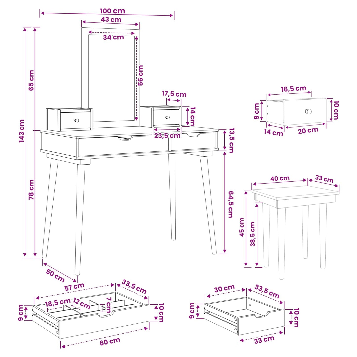vidaXL Dressing Table Set FAUSKE 5 pcs White 100 x 50 x 143 cm