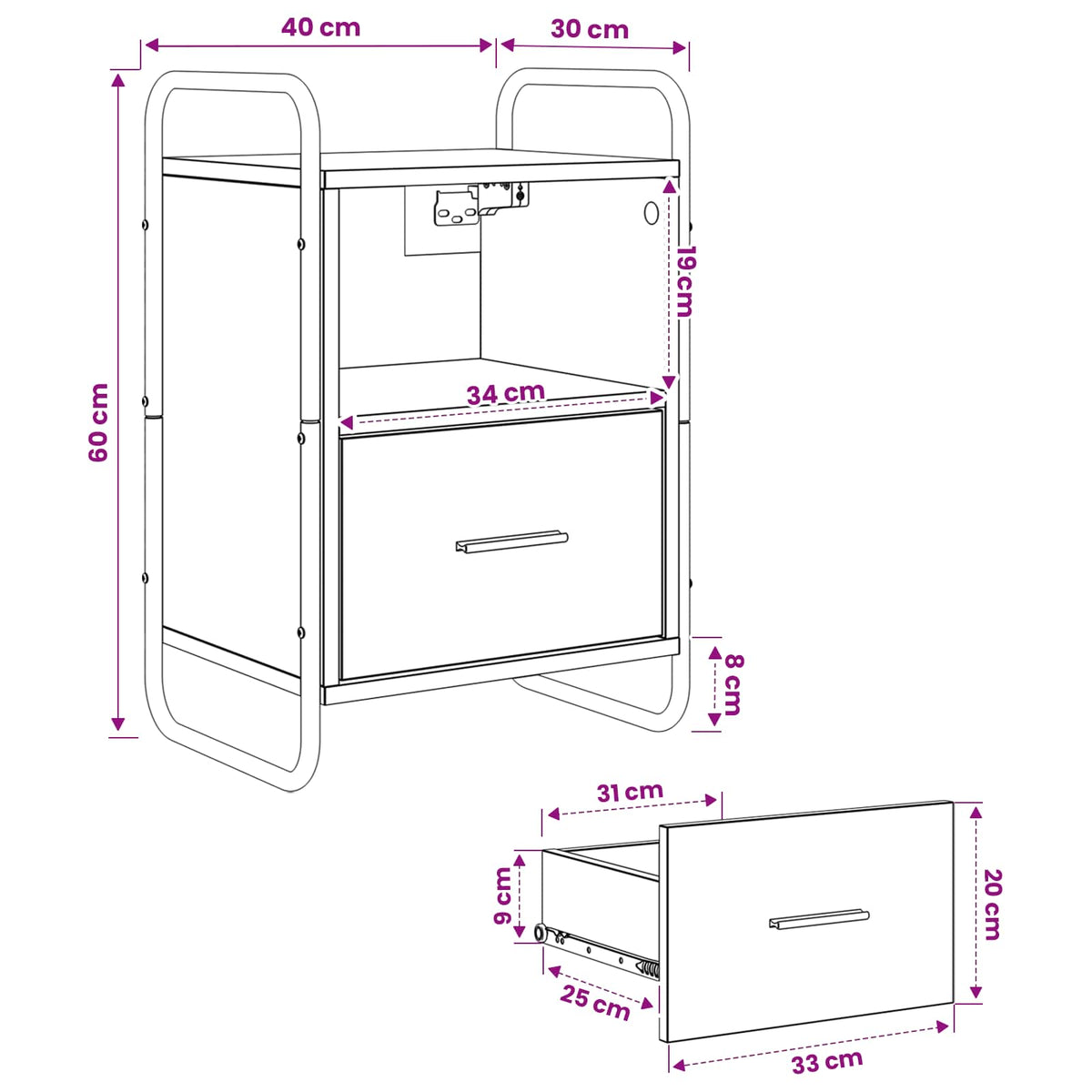 vidaXL Hanging Bedside Cabinet Grey Sonoma 40 x 30 x 60 cm
