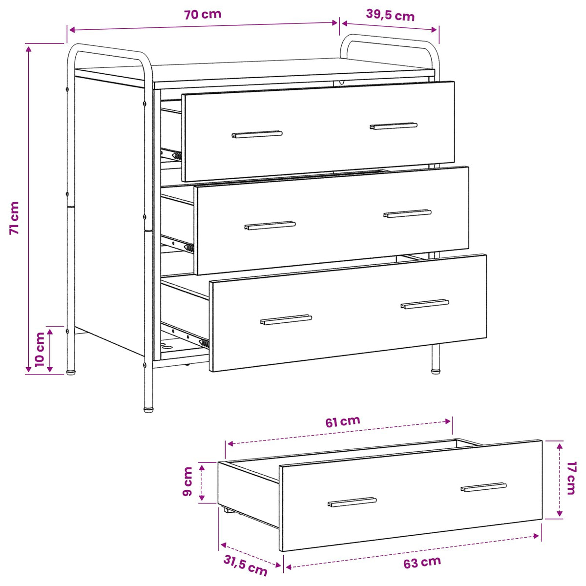 vidaXL Drawer Cabinet Grey Sonoma 70 x 39.5 x 71 cm Engineered Wood