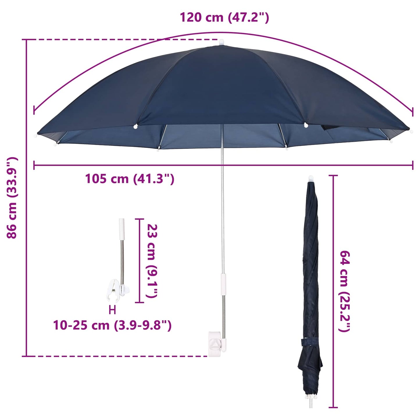 vidaXL Umbrella with Clamp 2 pcs Navy Blue Ø 105 x 86 cm
