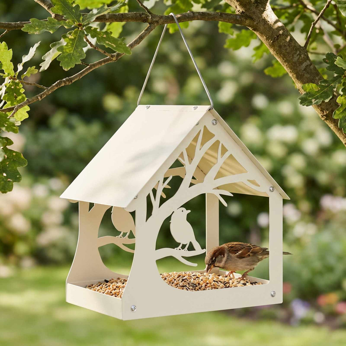 vidaXL Hanging Bird Feeder Steel White