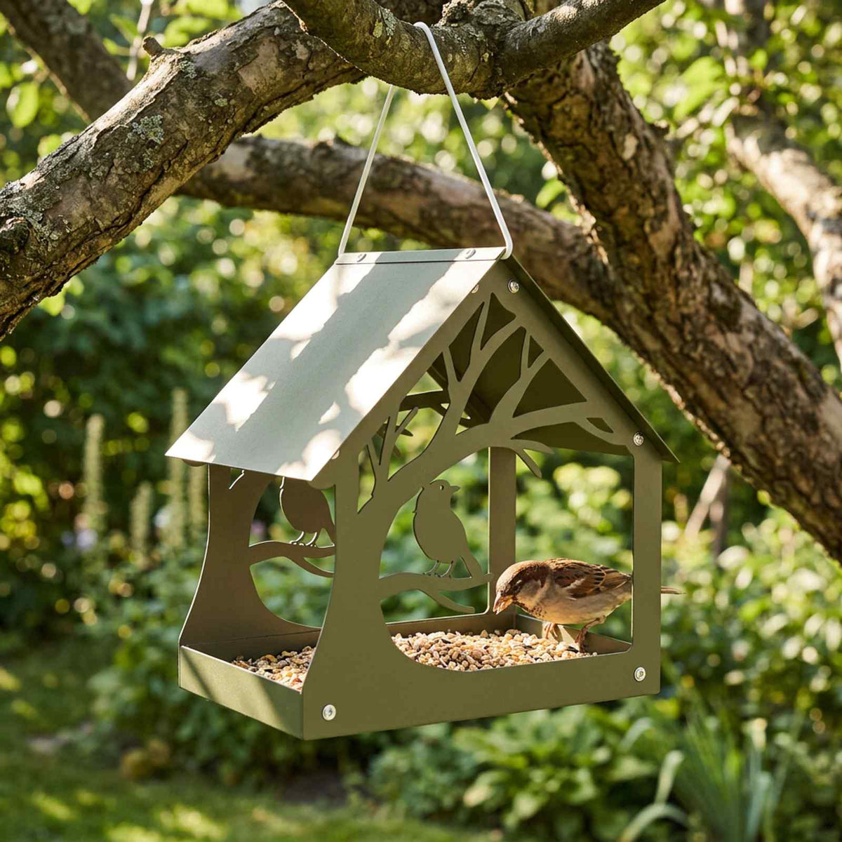 vidaXL Hanging Bird Feeder Steel Olive Green