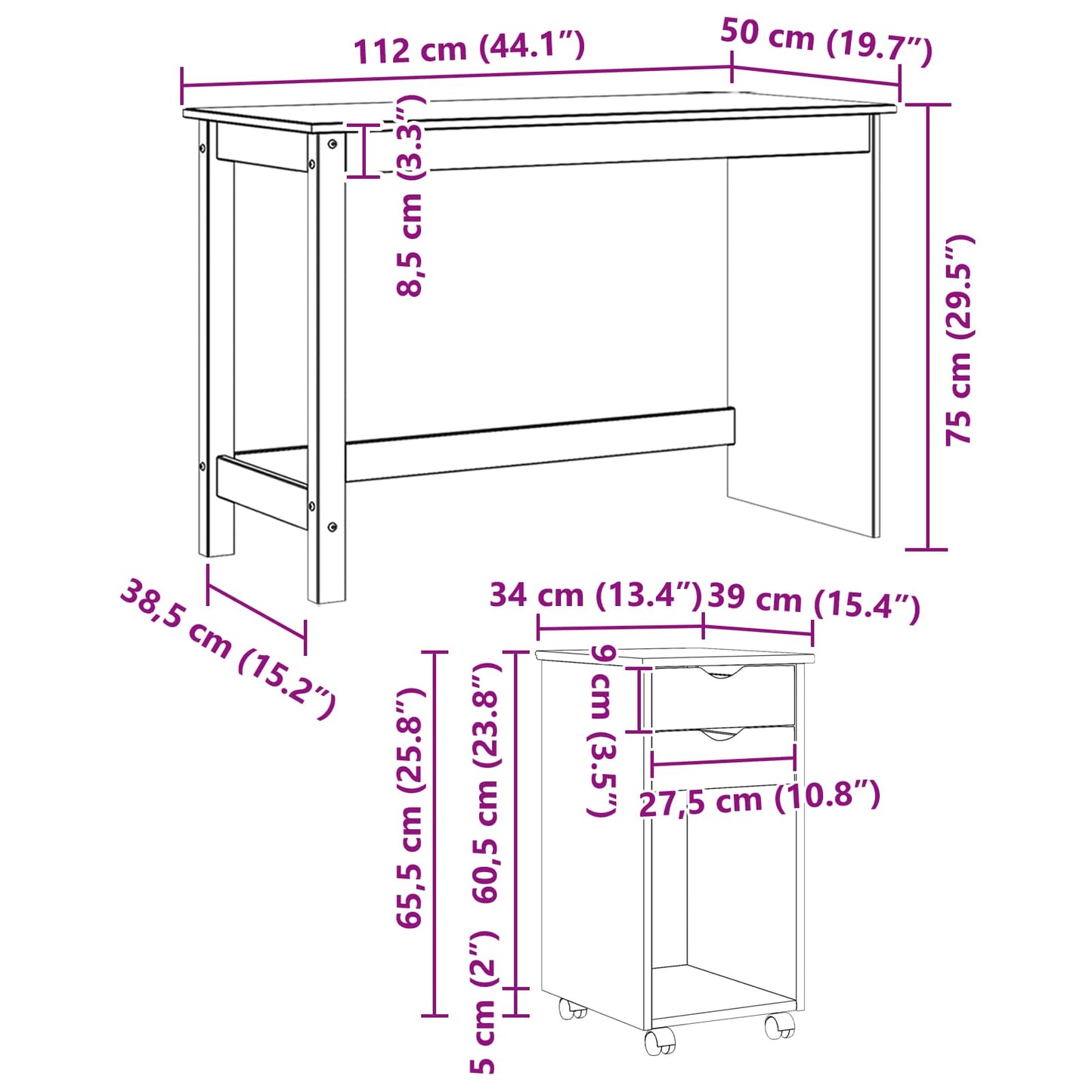 vidaXL Desk Cabinet Set 2 pcs Grey Solid Pine Wood
