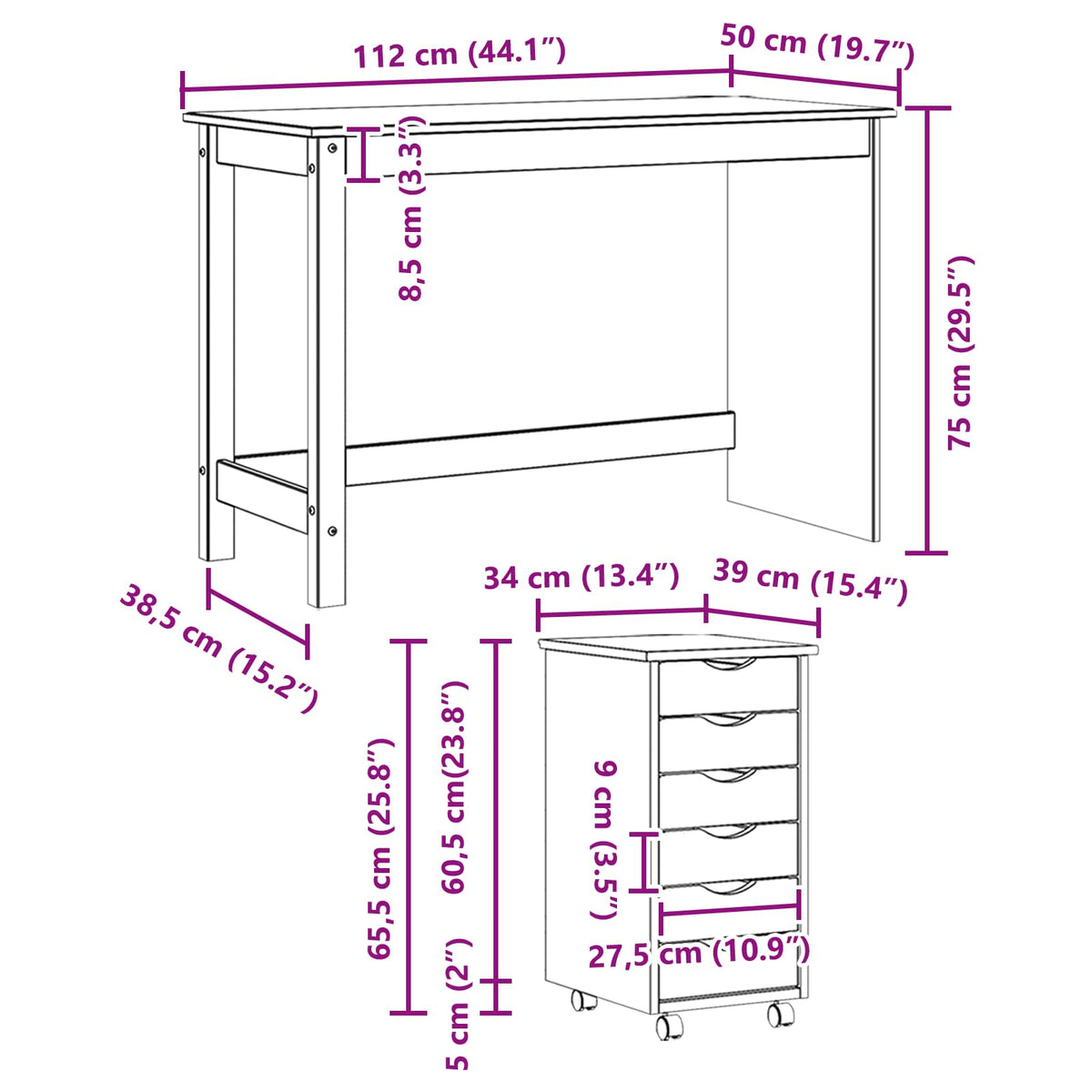 vidaXL Desk and Rolling Cabinet Set MOSS 2 pcs Brown