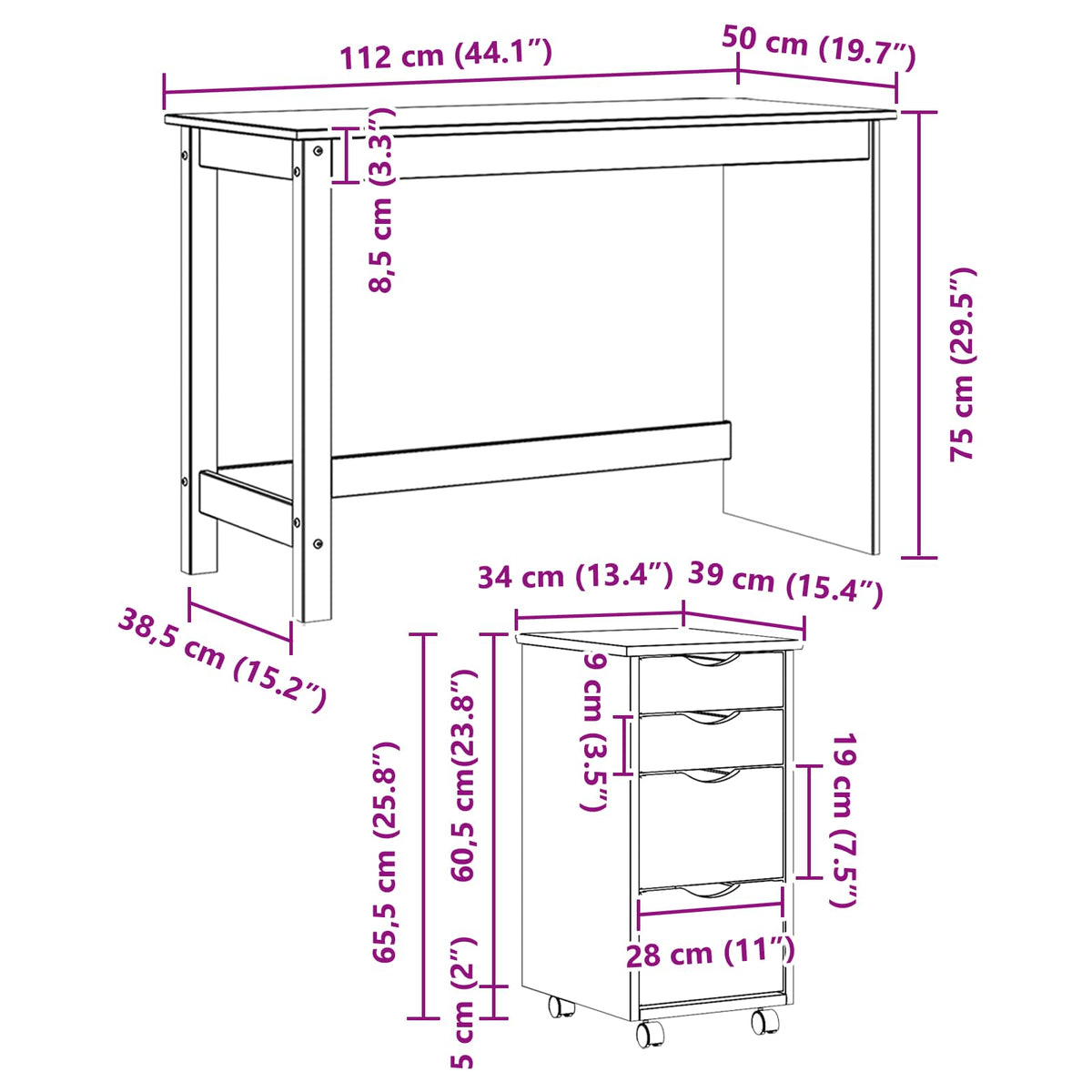 vidaXL Desk and Rolling Cabinet Set MOSS 2 pcs Grey