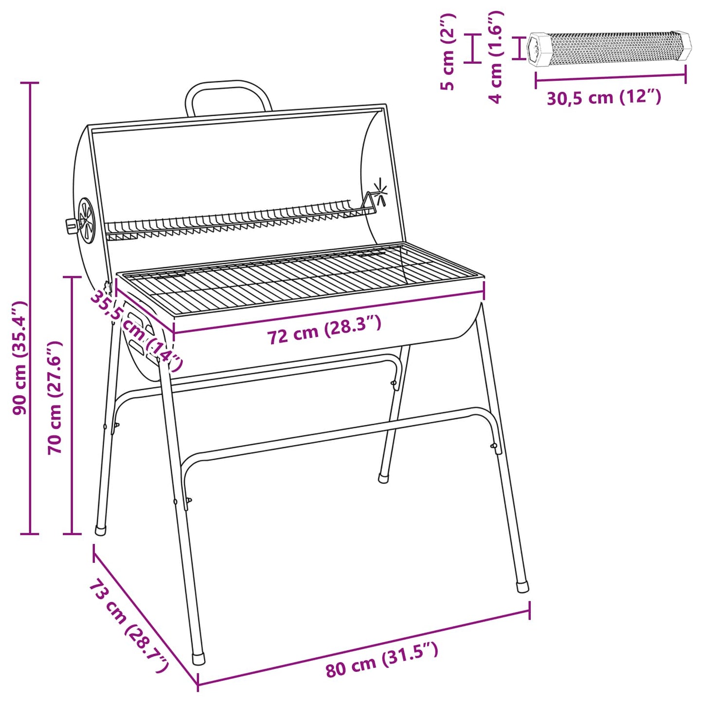 vidaXL Barrel Grill with 2 Cooking Grids 3 pcs 80 x 73 x 90 cm Metal