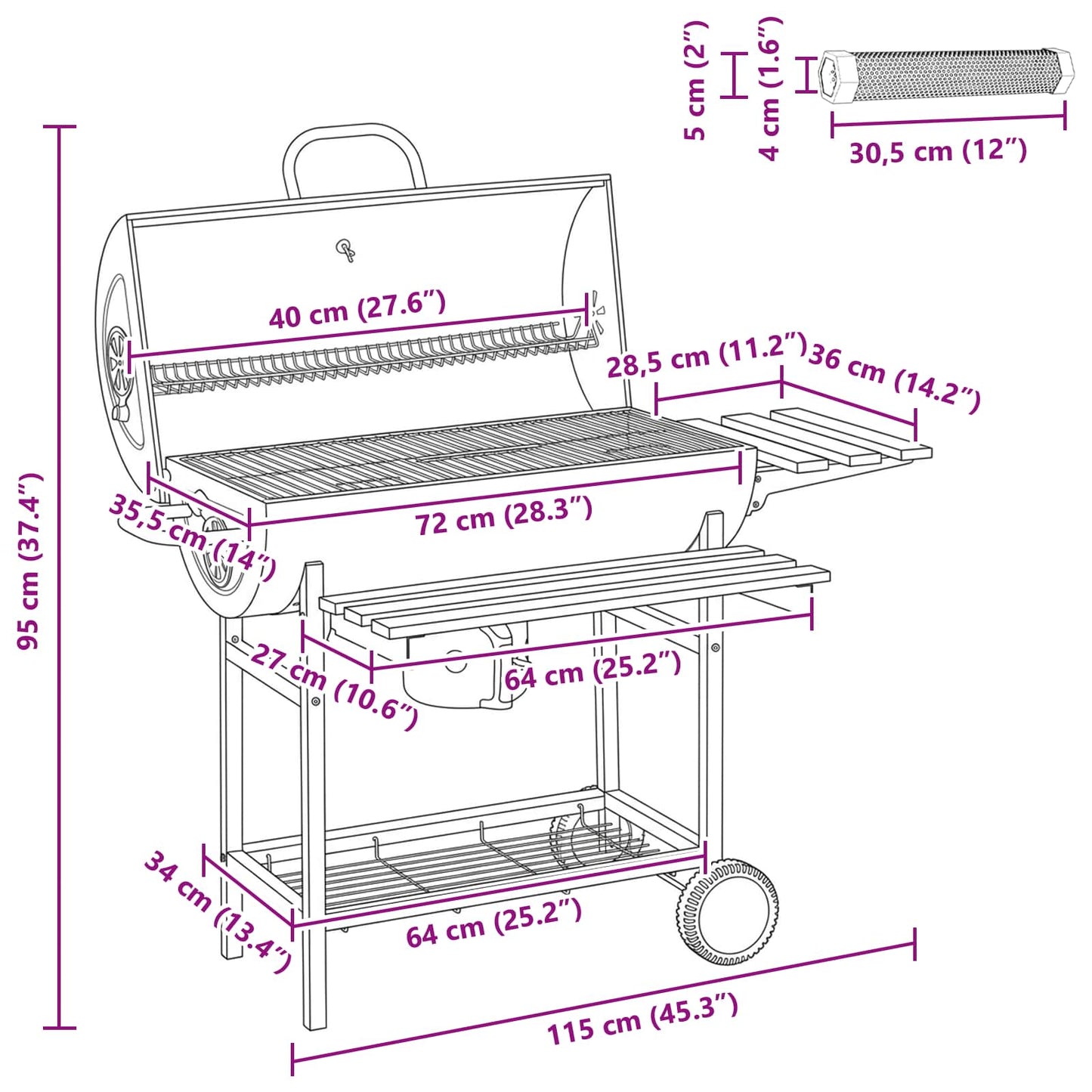 vidaXL Barrel Grill with Wheels and Shelves 3 pcs 115 x 85 x 95 cm