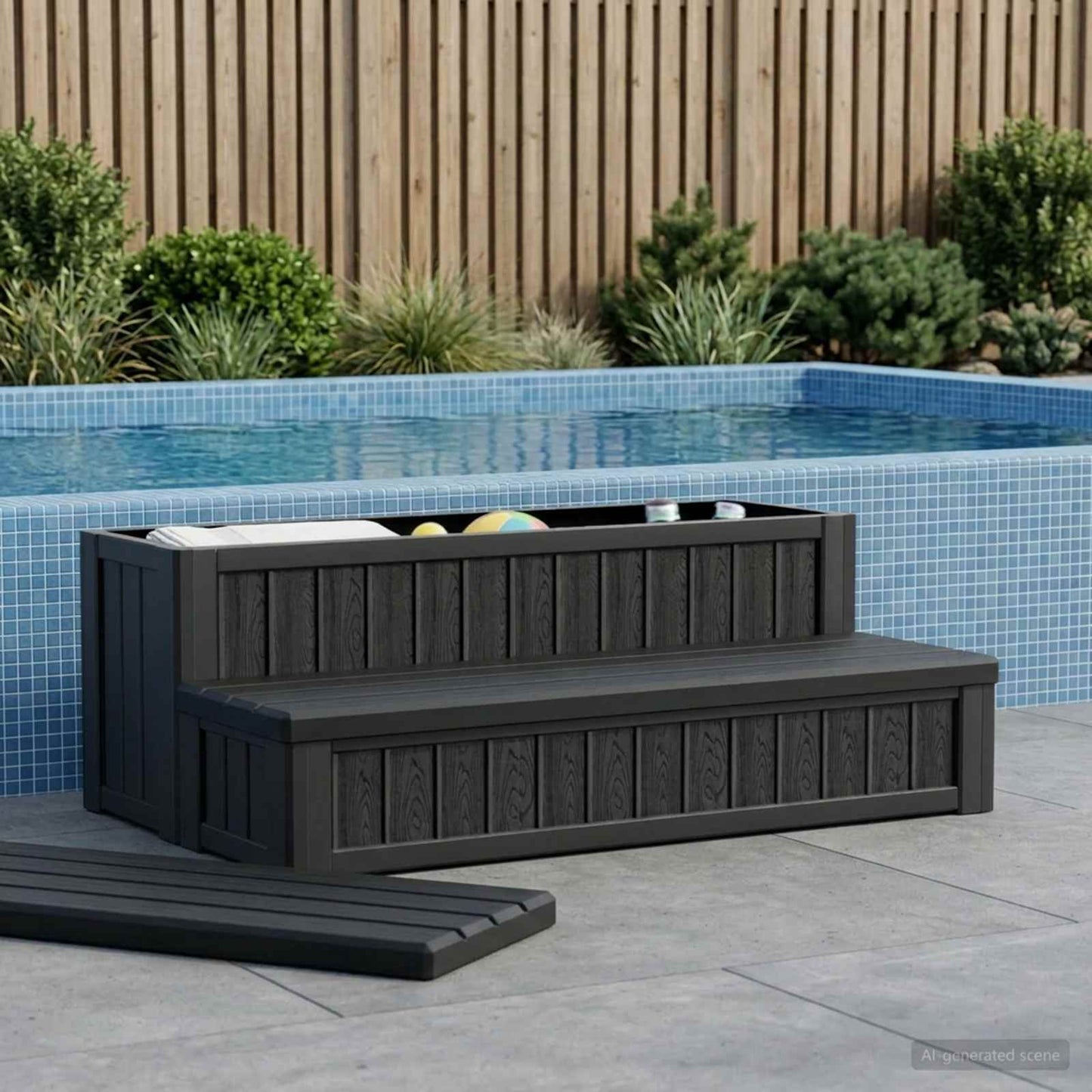 vidaXL Hot Tub Step with Storage 2-Step Black 93 x 57 x 35 cm PP
