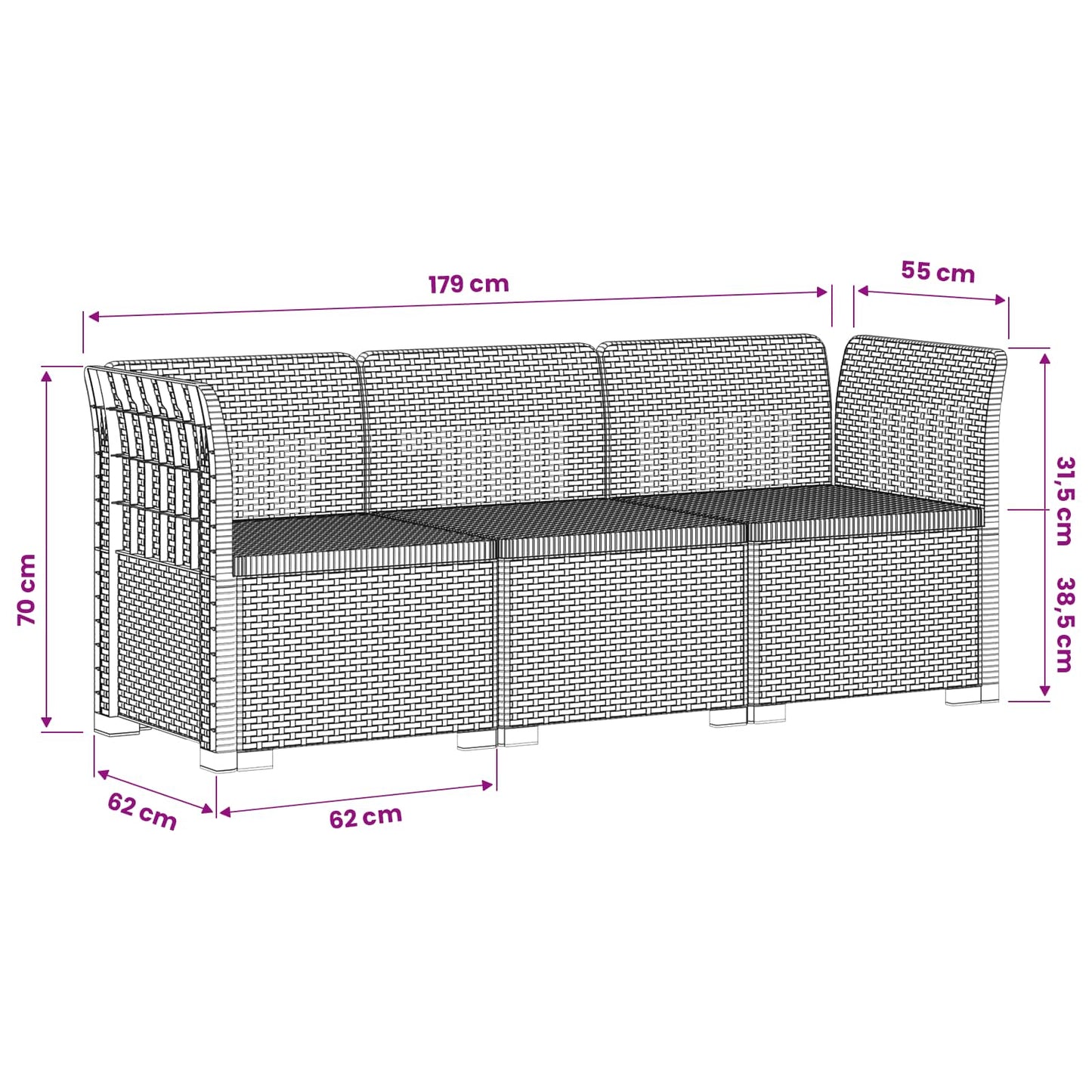 vidaXL 3-Seater Garden Sofa Rattan Look PP Anthracite