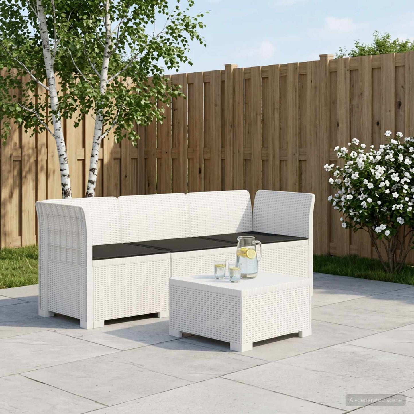 vidaXL 3-Seater Garden Sofa with Cushions Rattan Look PP White