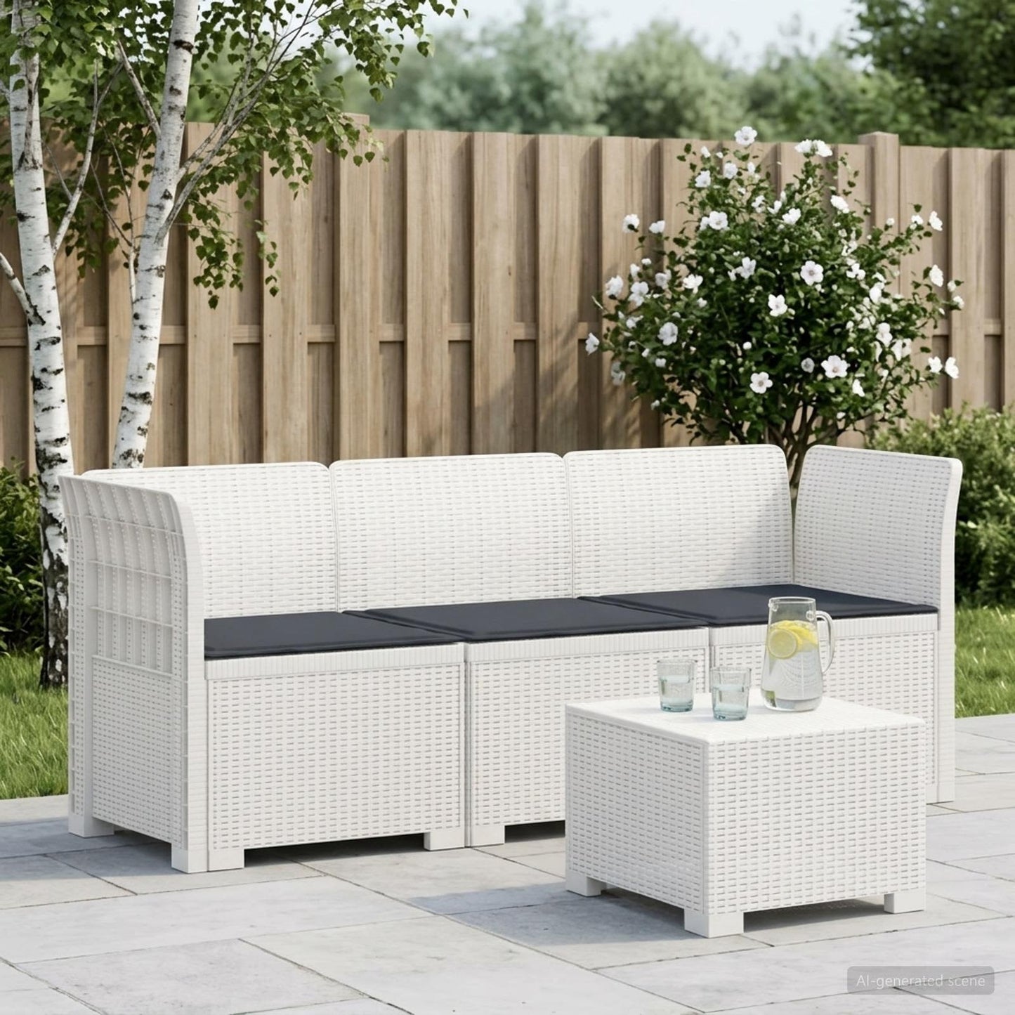 vidaXL 3-Seater Garden Sofa with Cushions Rattan Look PP White