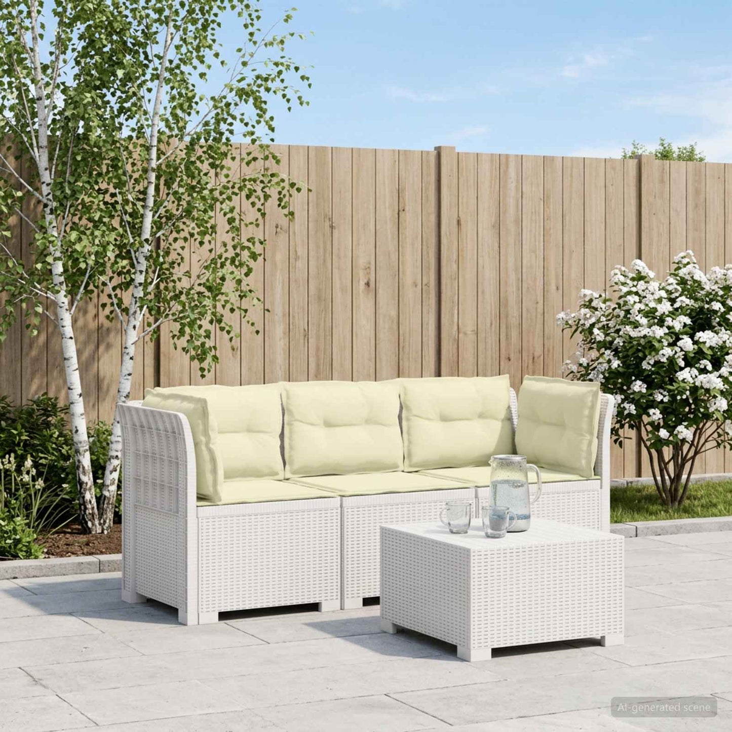 vidaXL 3-Seater Garden Sofa with Cushions Rattan Look PP White