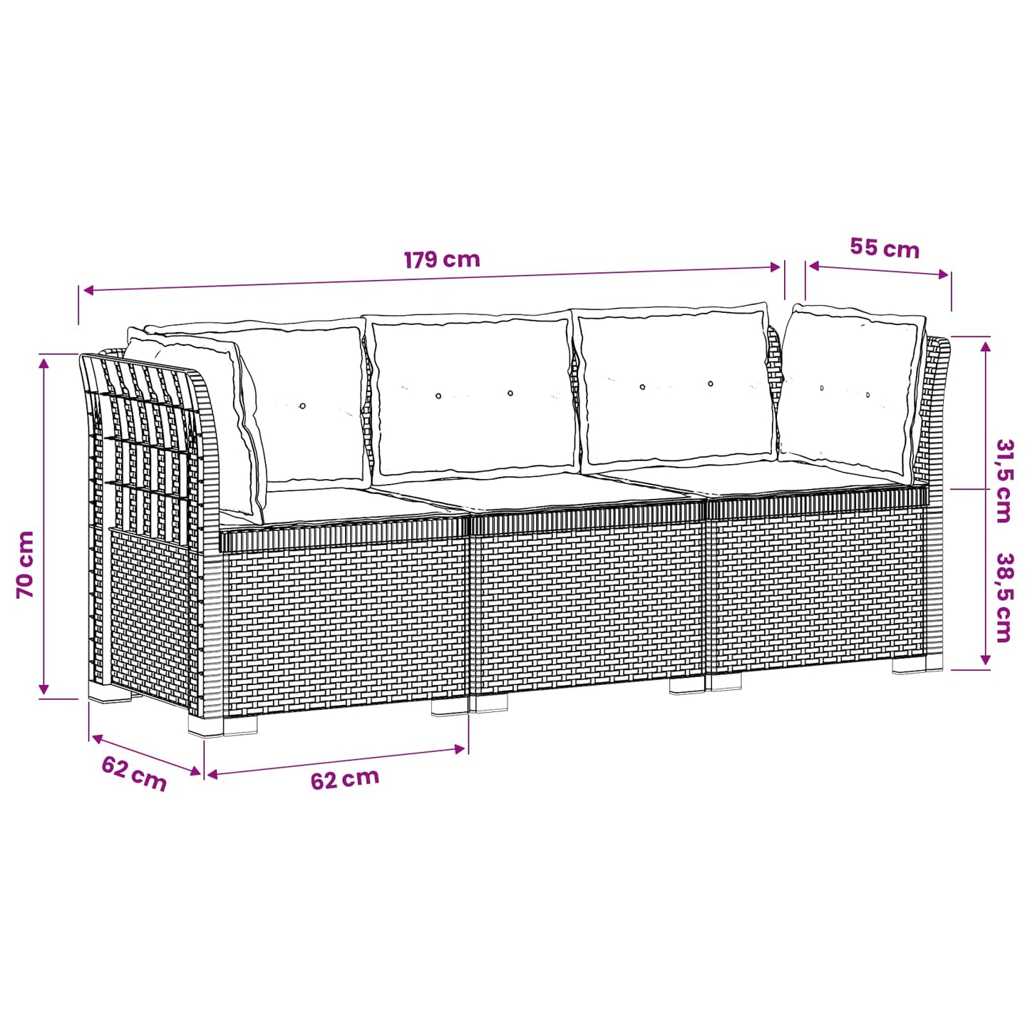 vidaXL 3-Seater Garden Sofa with Cushions Rattan Look PP White