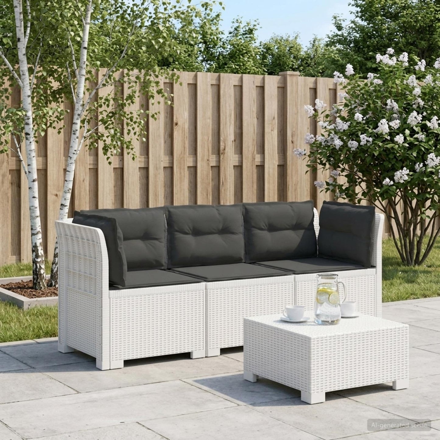 vidaXL 3-Seater Garden Sofa with Cushions Rattan Look PP White