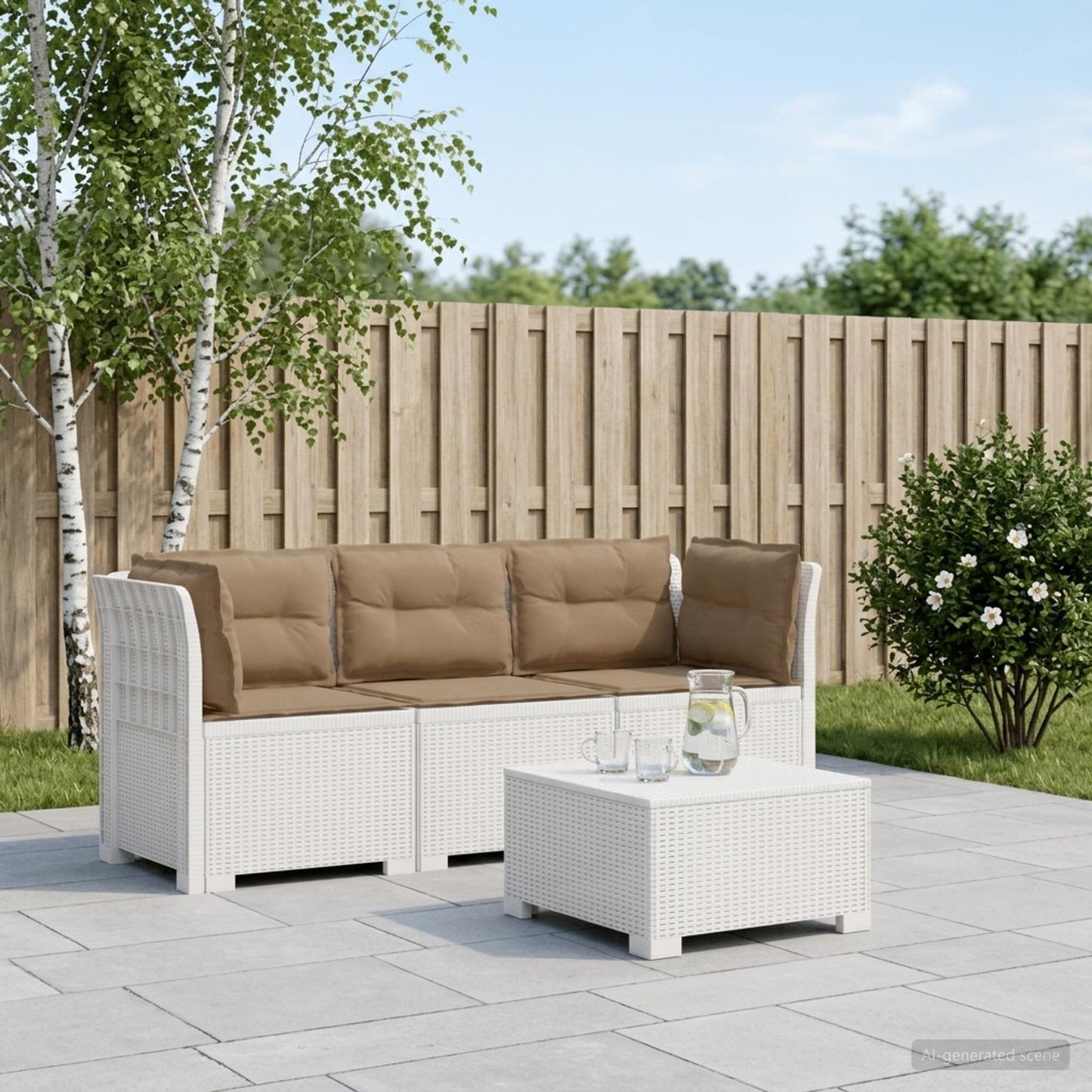 vidaXL 3-Seater Garden Sofa with Cushions Rattan Look PP White