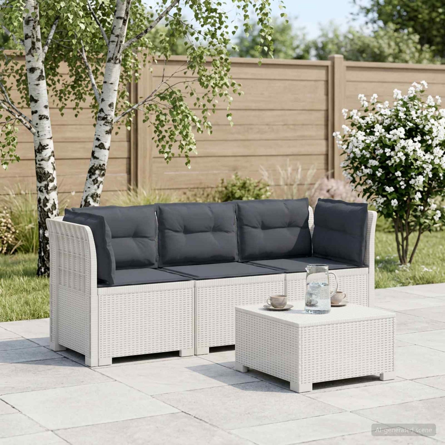 vidaXL 3-Seater Garden Sofa with Cushions Rattan Look PP White