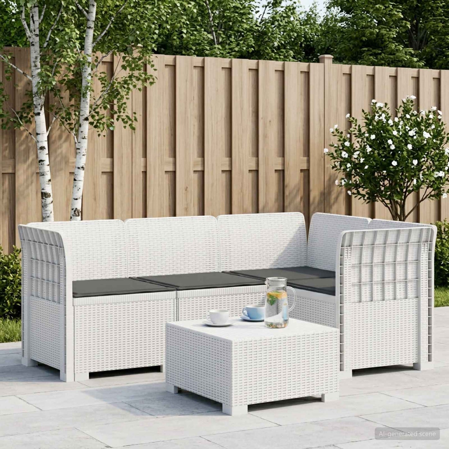 vidaXL 4-Seater Garden Sofa with Cushions Rattan Look PP White