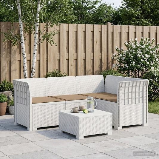 vidaXL 4-Seater Garden Sofa with Cushions Rattan Look PP White