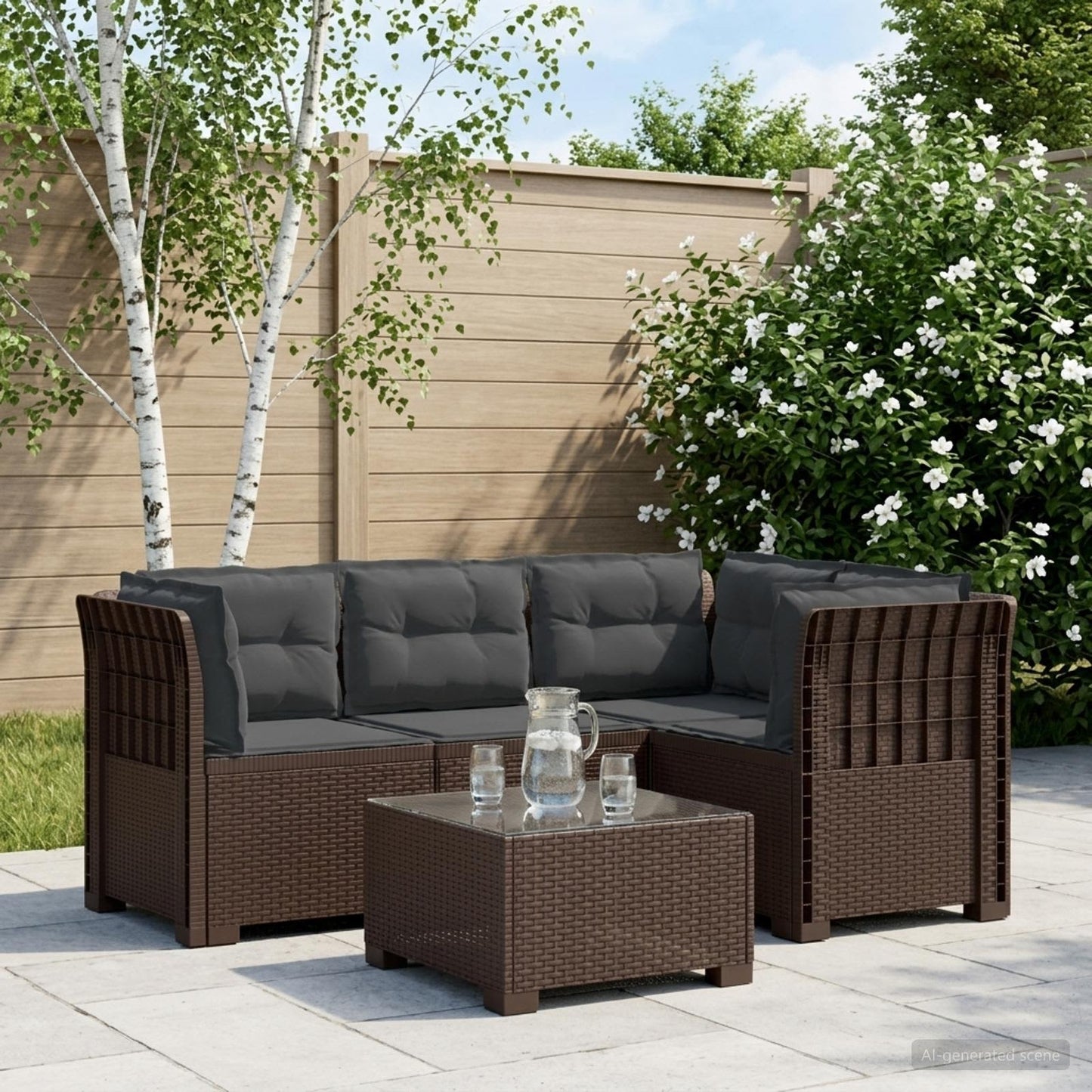 vidaXL 4-Seater Garden Sofa with Cushions Rattan Look PP Brown