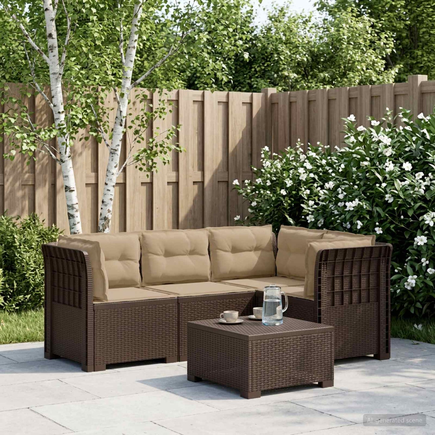 vidaXL 4-Seater Garden Sofa with Cushions Rattan Look PP Brown