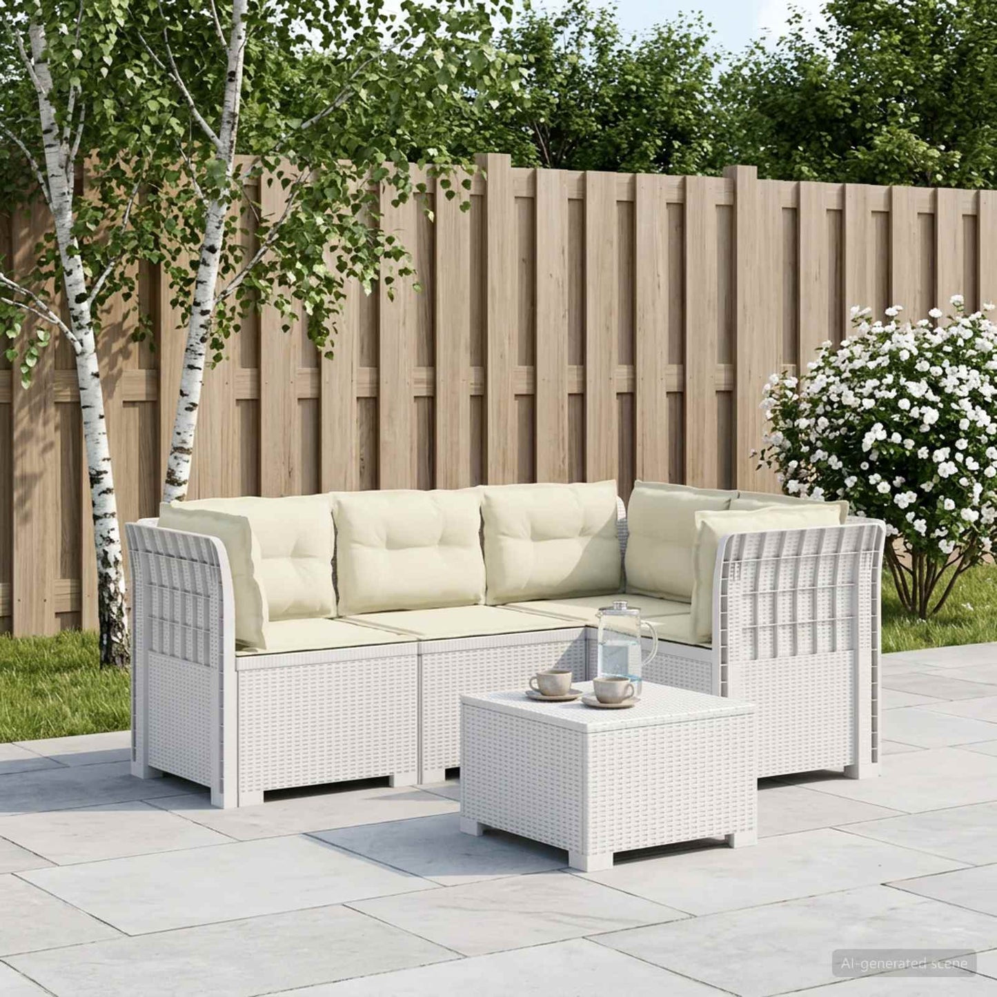vidaXL 4-Seater Garden Sofa with Cushions Rattan Look PP White