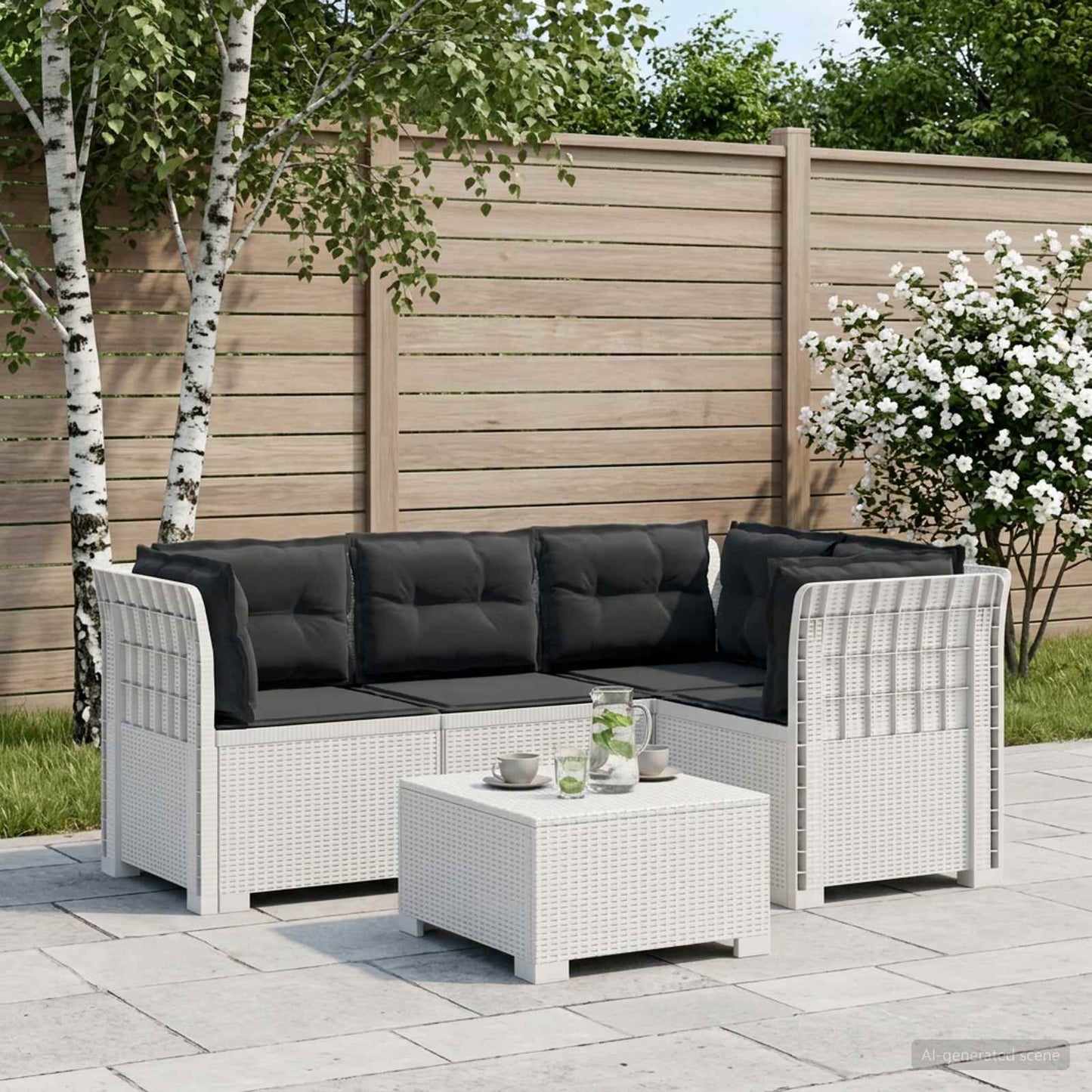vidaXL 4-Seater Garden Sofa with Cushions Rattan Look PP White