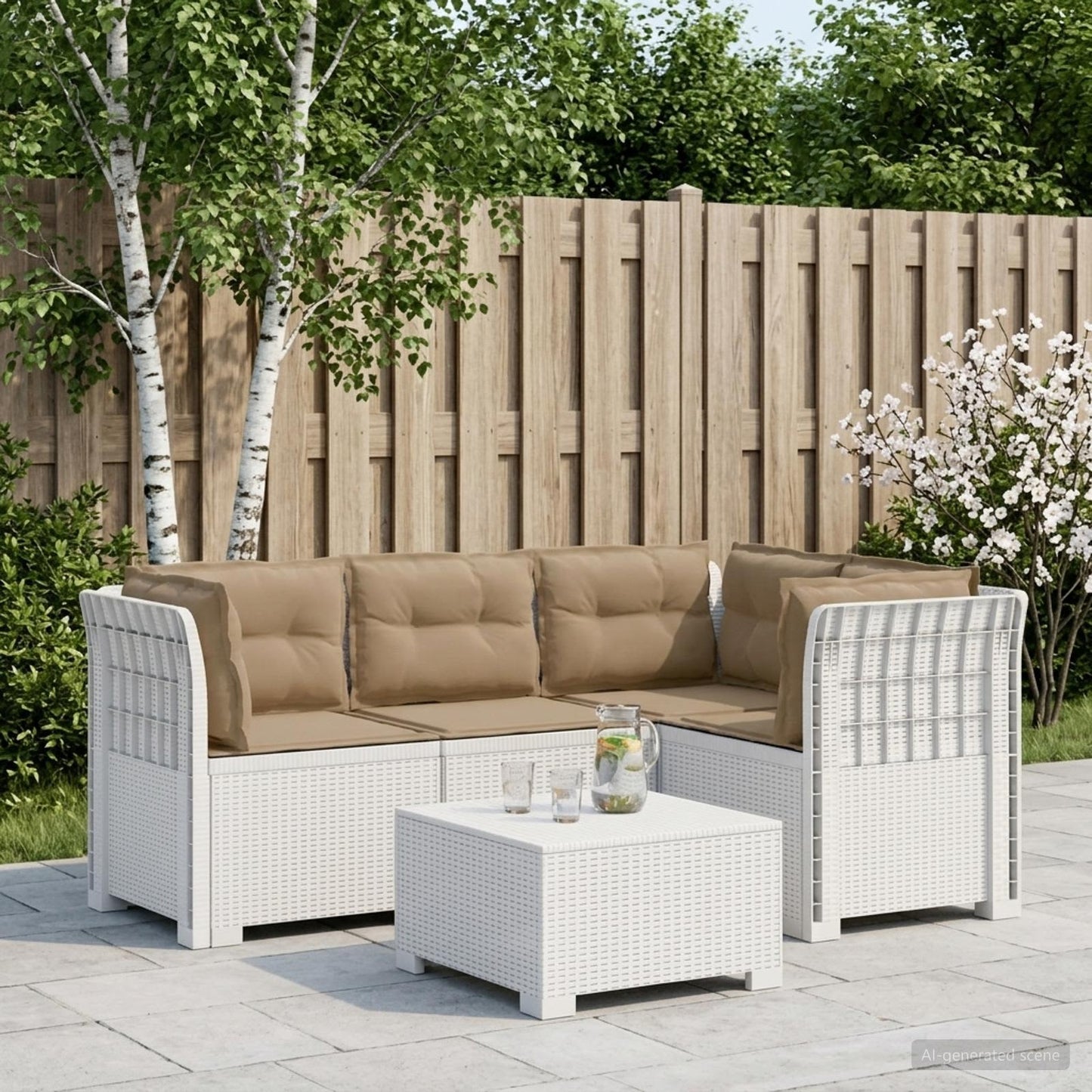 vidaXL 4-Seater Garden Sofa with Cushions Rattan Look PP White