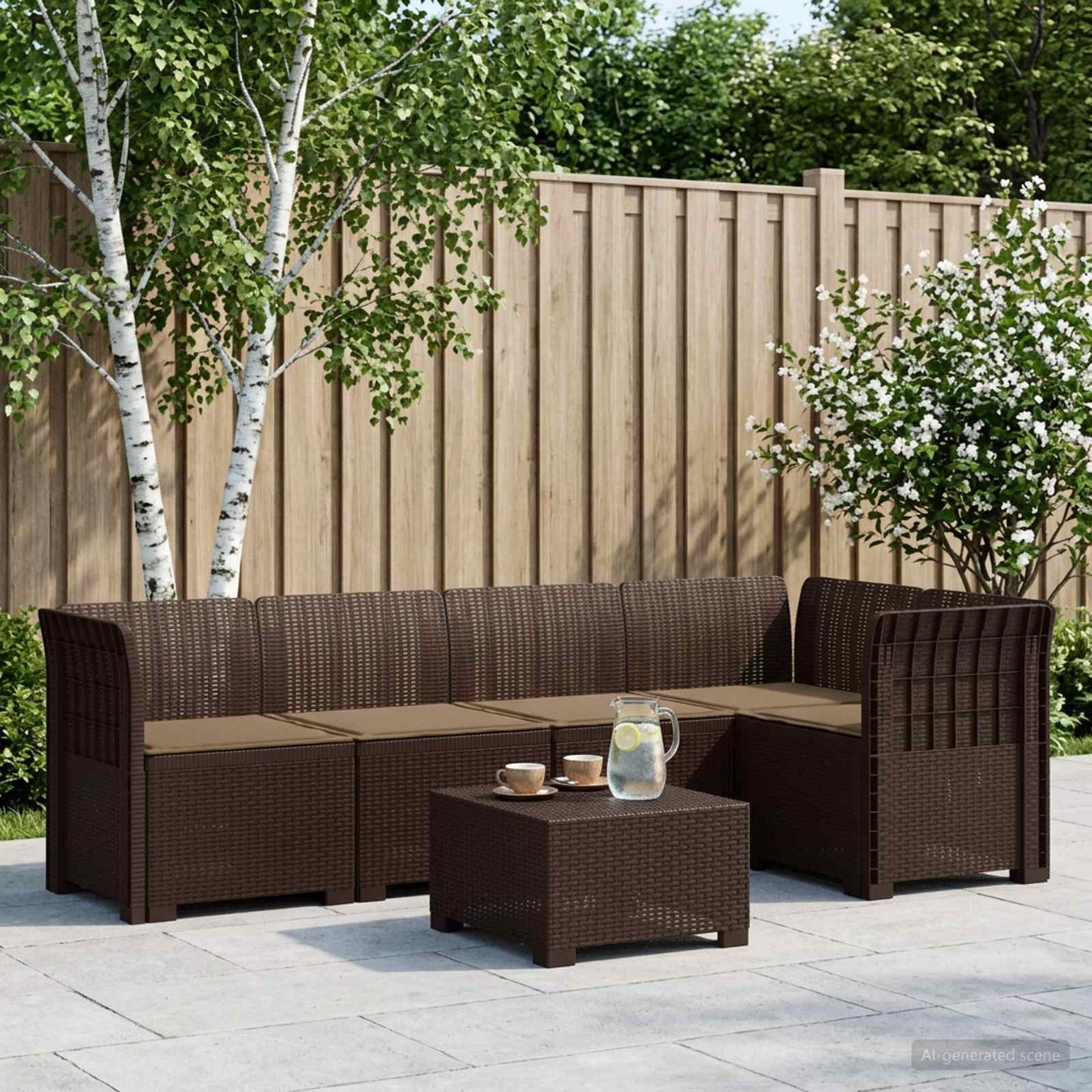 vidaXL 5-Seater Garden Sofa with Cushions Rattan Look PP Brown