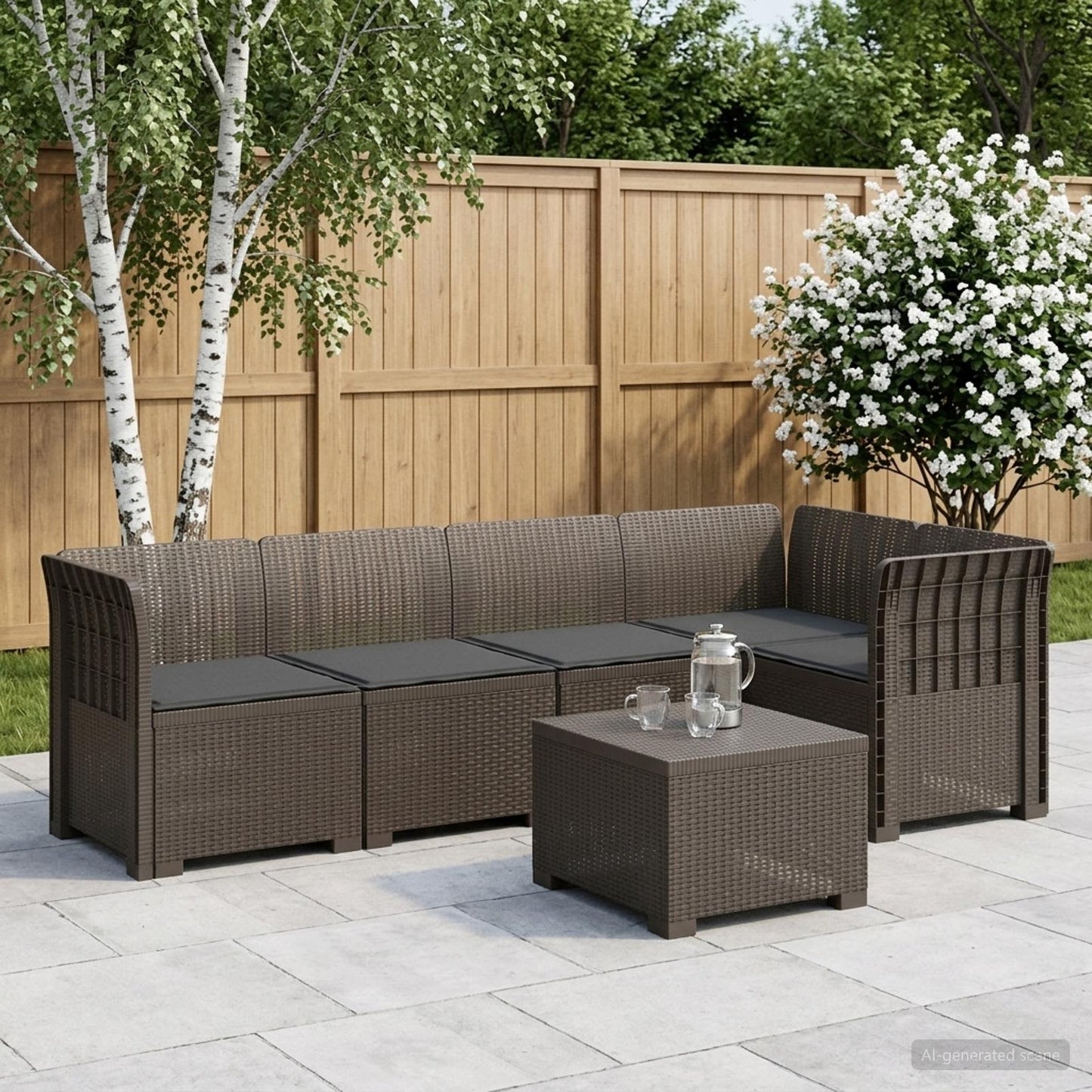 vidaXL 5-Seater Garden Sofa with Cushions Rattan Look PP Light Grey
