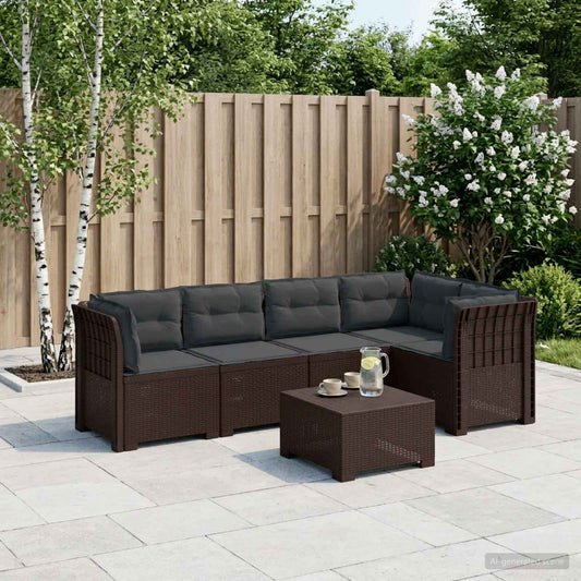 vidaXL 5-Seater Garden Sofa with Cushions Rattan Look PP Brown