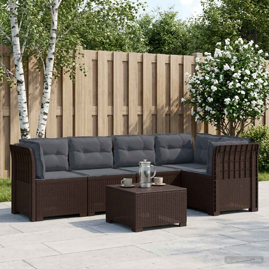 vidaXL 5-Seater Garden Sofa with Cushions Rattan Look PP Brown