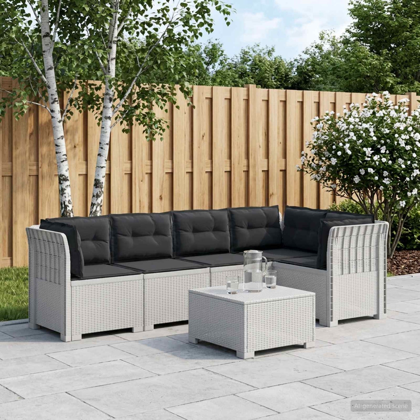 vidaXL 5-Seater Garden Sofa with Cushions Rattan Look PP White