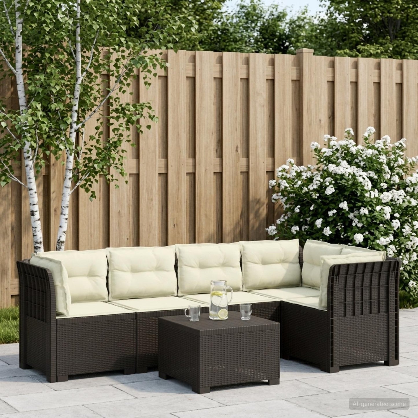 vidaXL 5-Seater Garden Sofa with Cushions Rattan Look PP Light Grey