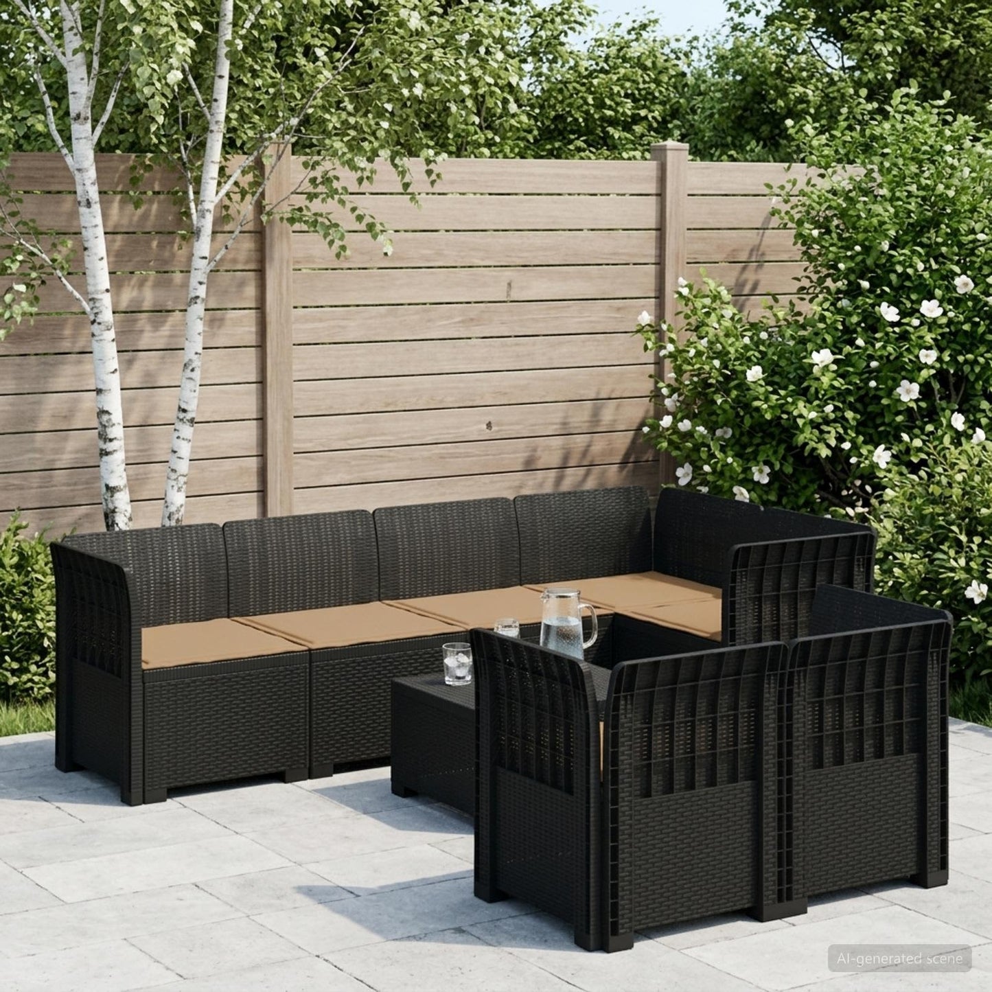 vidaXL 7-Seater Garden Sofa with Cushions Rattan Look PP Anthracite