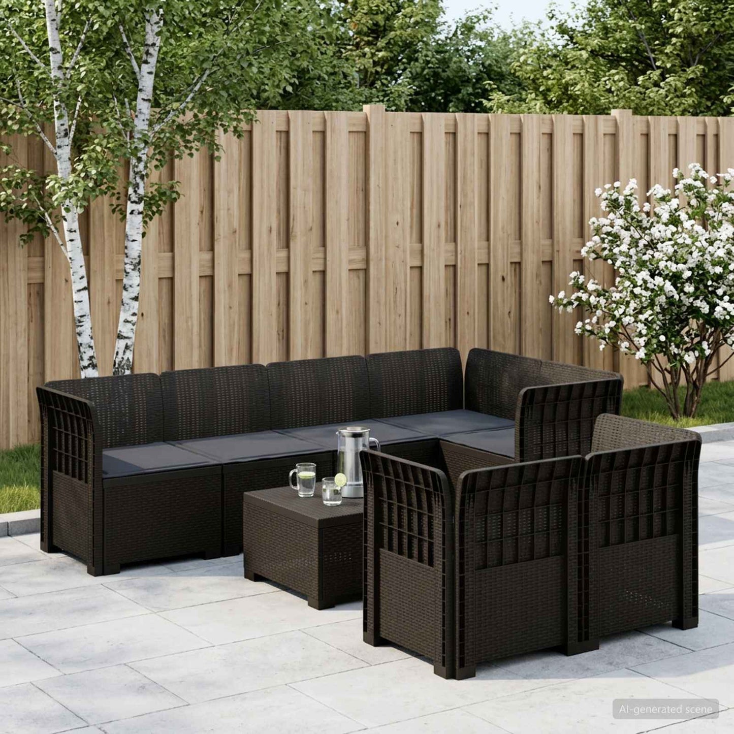 vidaXL 7-Seater Garden Sofa with Cushions Rattan Look PP Anthracite