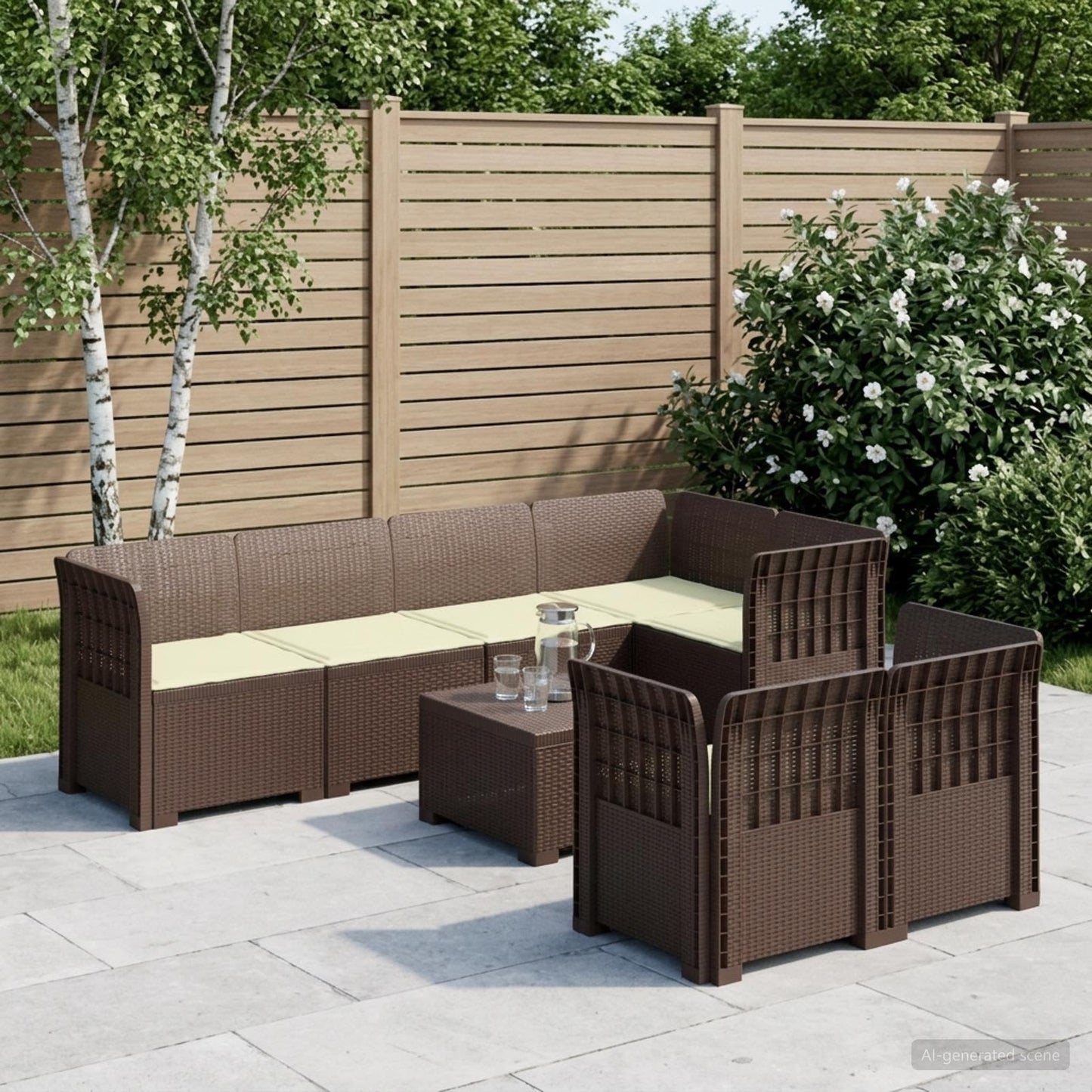 vidaXL 7-Seater Garden Sofa with Cushions Rattan Look PP Brown