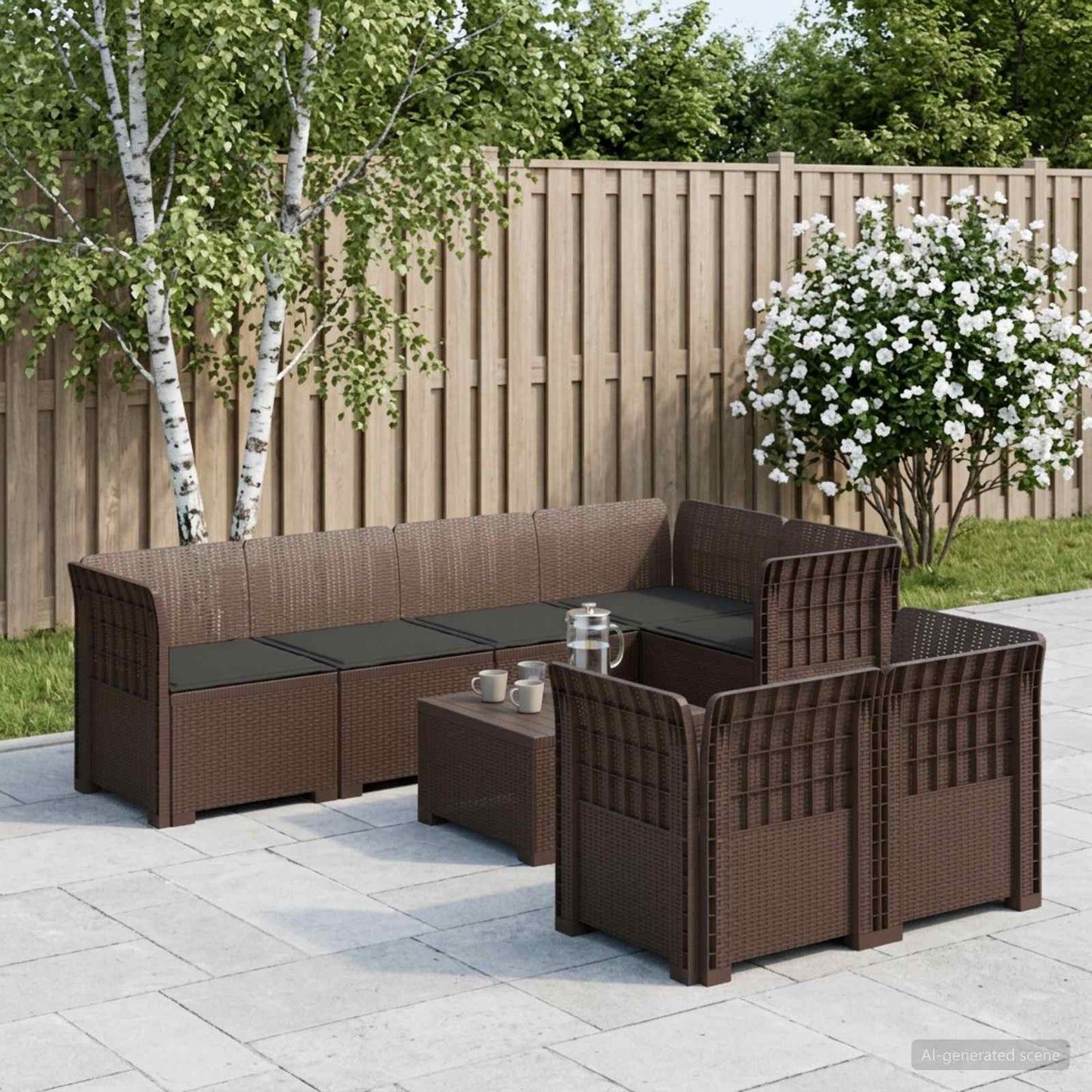 vidaXL 7-Seater Garden Sofa with Cushions Rattan Look PP Brown
